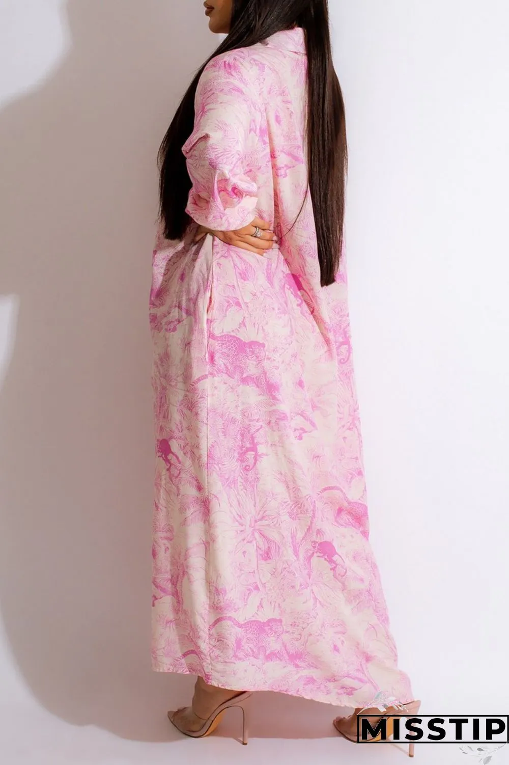 Orange Casual Print Patchwork Shirt Collar Long Sleeve Dresses