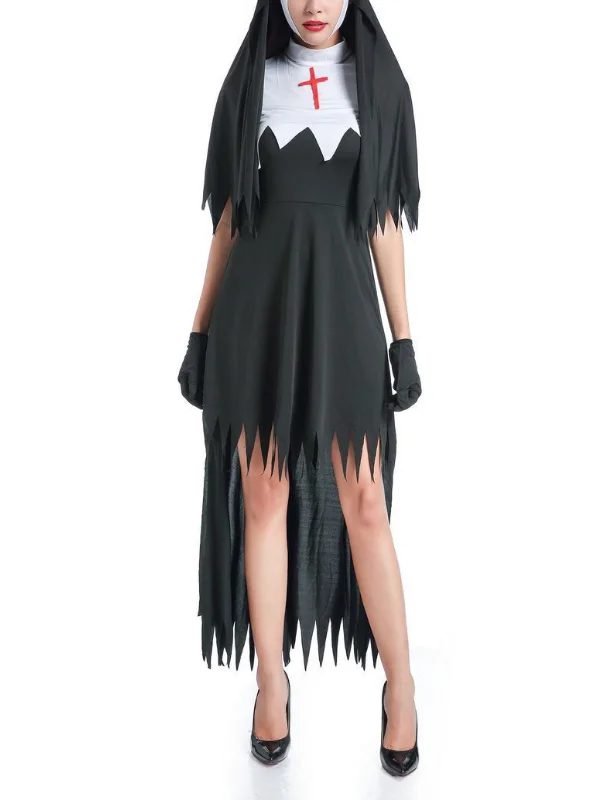 Cosplay Cross Mock Neck High-low Solid Midi Maid Dress