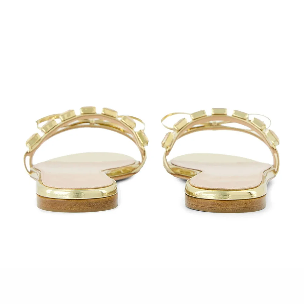 Gold Metallic Round Toe Flat Rhinestone Slides for Women with Bow
