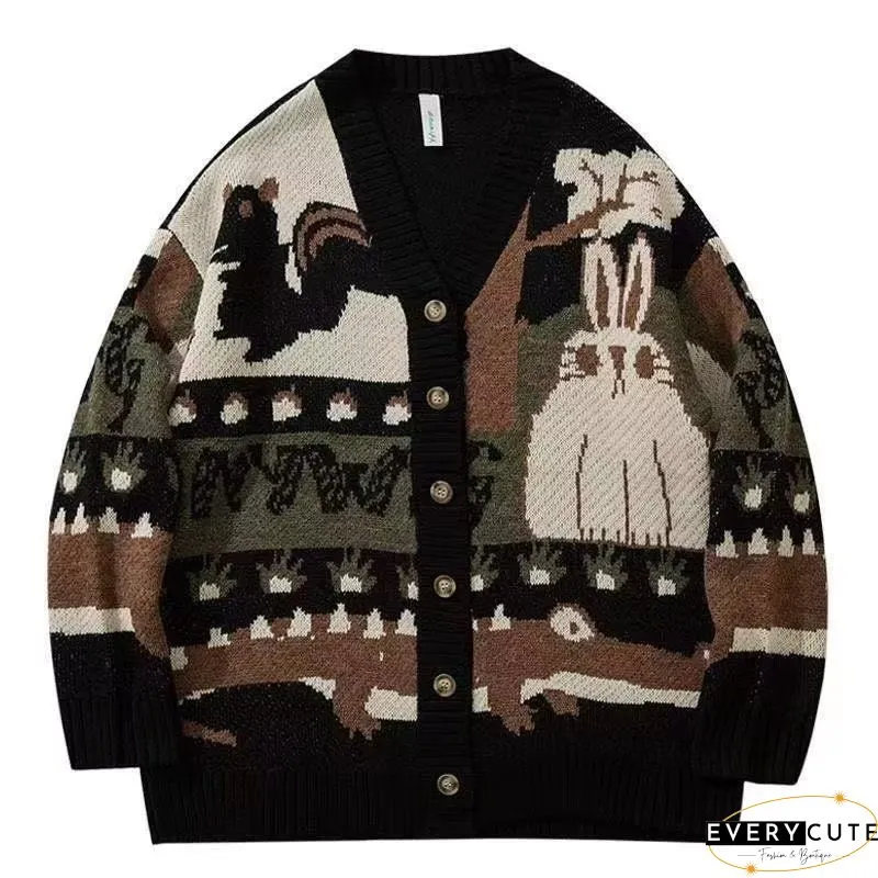 Womens loose jacquard knitted cardigan sweater spring vintage flower long sleeve pockets