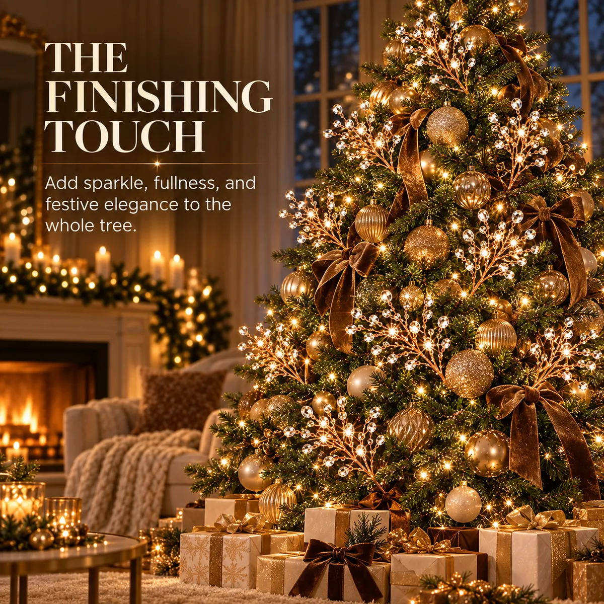 Fully decorated Christmas tree with crystal picks and gold ornaments