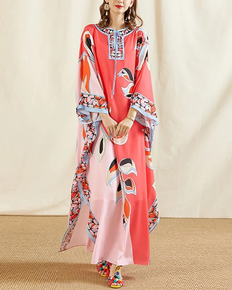 V Neck Batwing Sleeve Printed Side Split Knitting elastic Long Dress