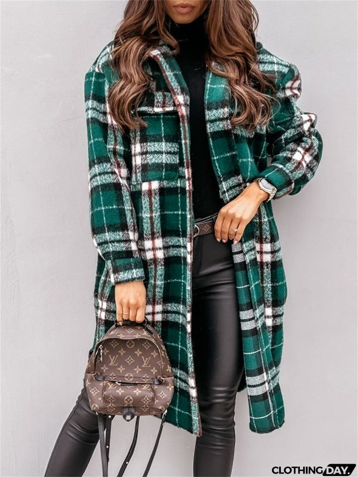 Women's Fashion Long Plaid Shacket Coat