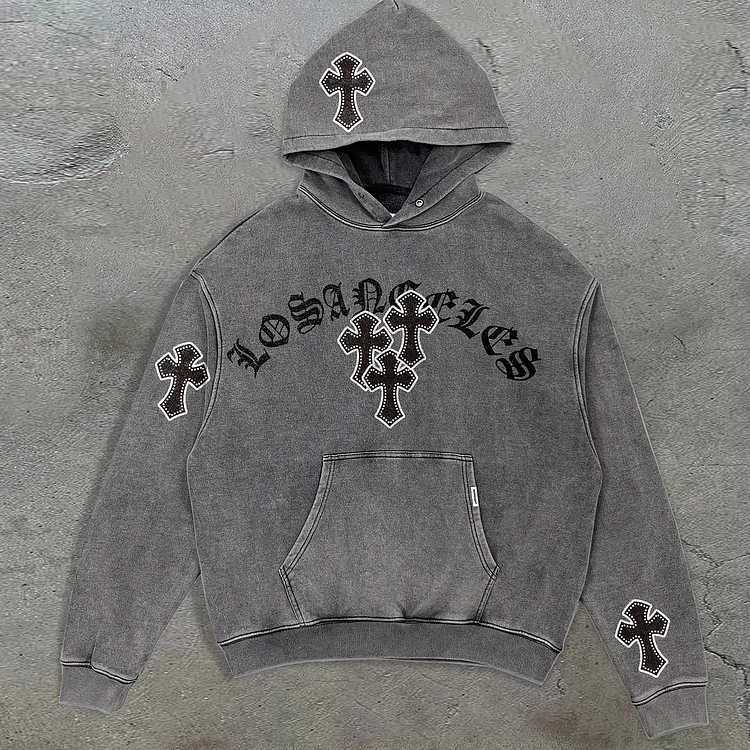 Oversized Vintage Cross Graphic Gray Washed Pullover Hoodie
