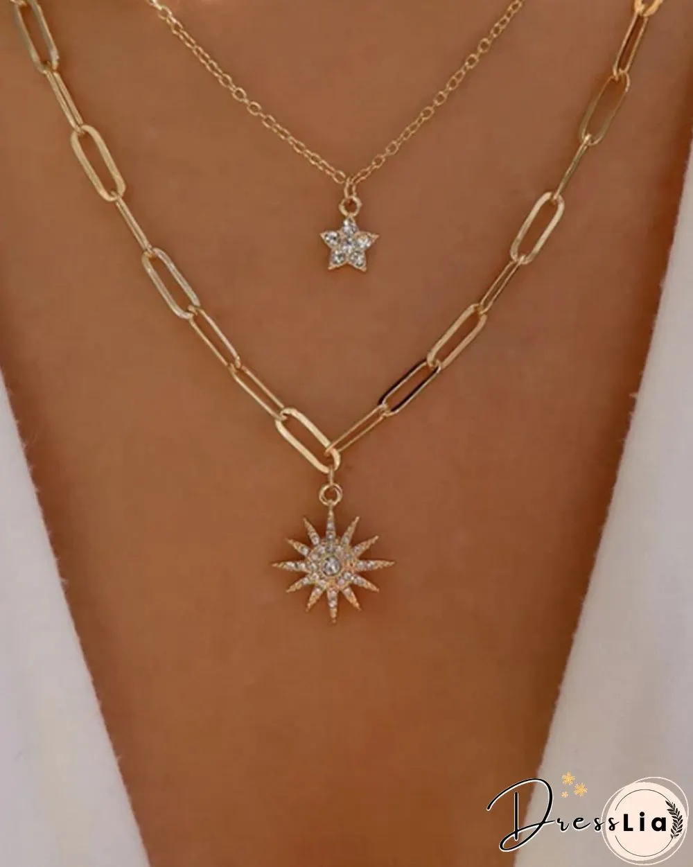 Sun & Star Pattern Multi-layer Chain Necklace Pendant
