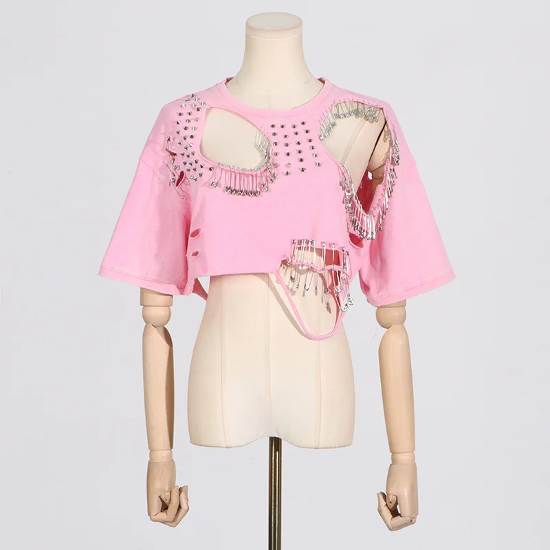 Toloer Toloer Fashion Wind Top 2024 New Fashion Round Collar Hole Pin Design Sense Short T-Shirt Women-Outfit Ideas