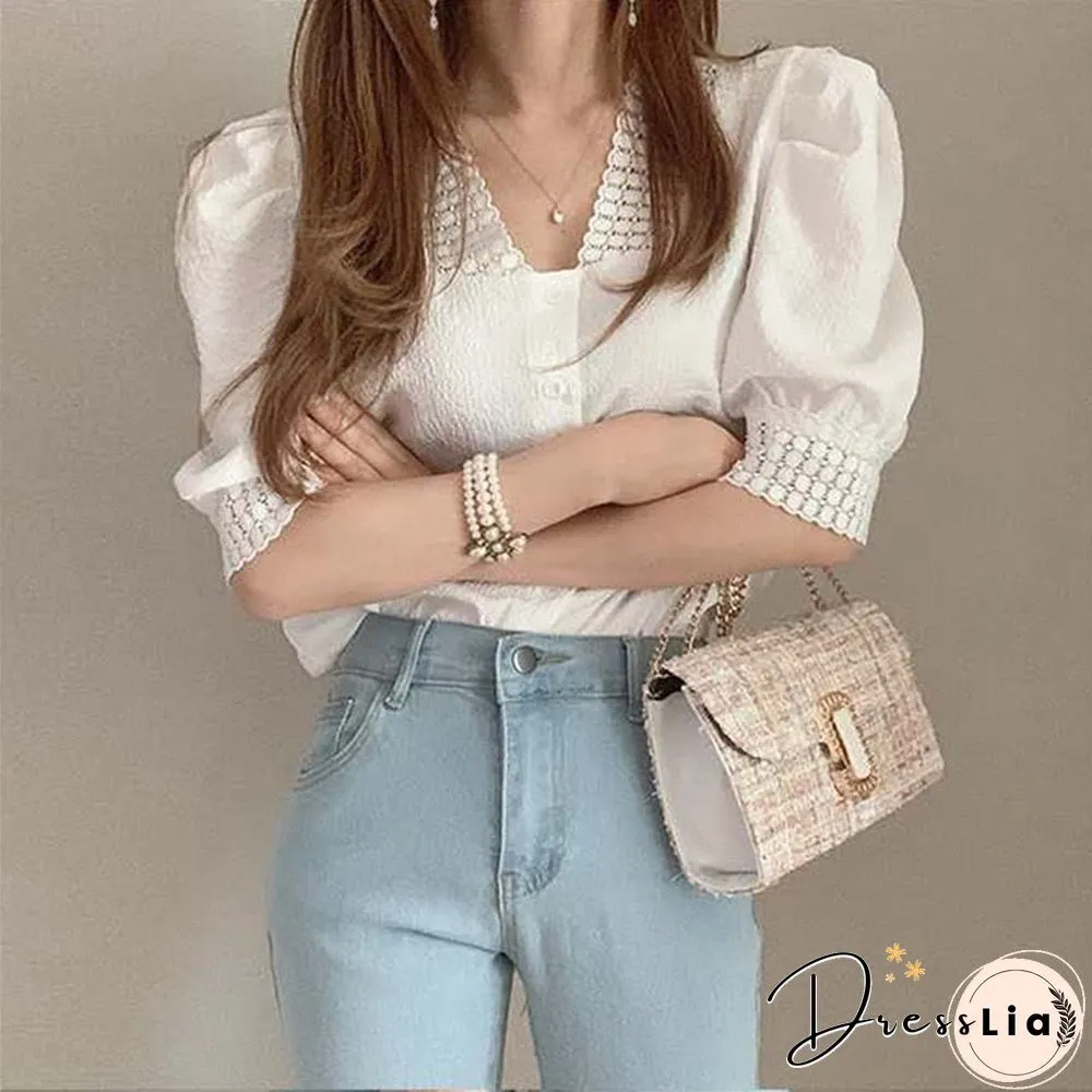 Summer New V-neck Single-row Button-down Pleated Top Ins Super-hot Retro Bubble Sleeves