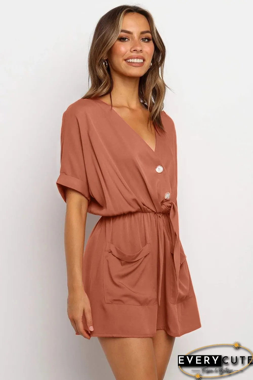 Rust V Neck Tunic Romper with Pockets