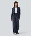 2026🔥 Halara Ribbed SoCinched High Waisted Tummy Control Drawstring Wide Leg Color Block Casual Trousers with Pockets