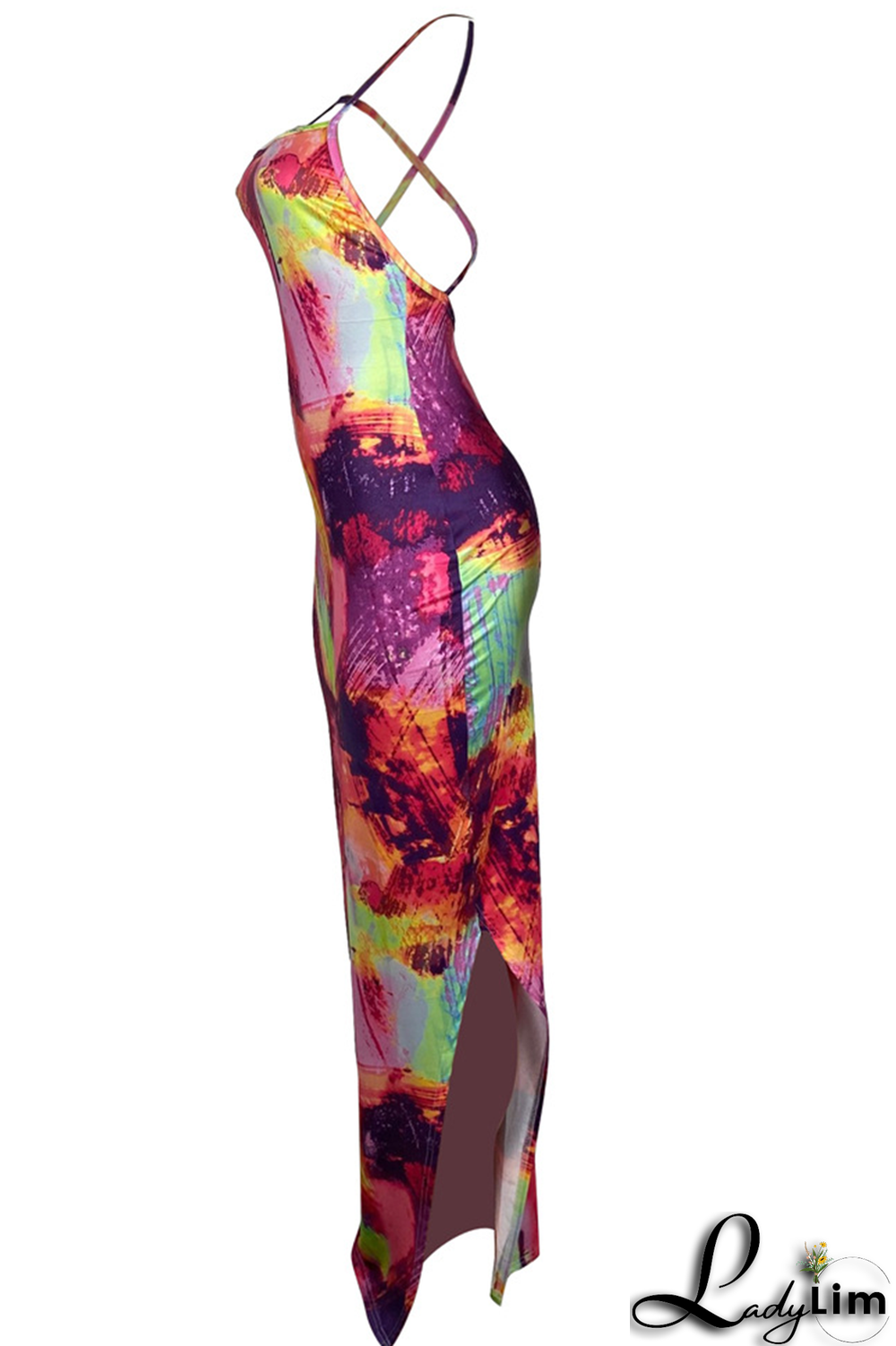 Blue Purple Sexy Print Split Joint Spaghetti Strap Pencil Skirt Dresses