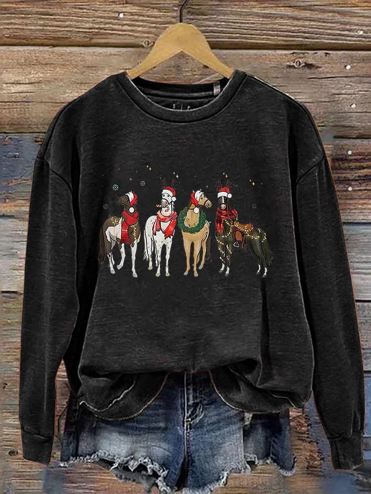 Christmas Horse Christmas Western Christmas Cowboy Christmas Horse Lover Farm Animal Print Casual Sweatshirt socialshop