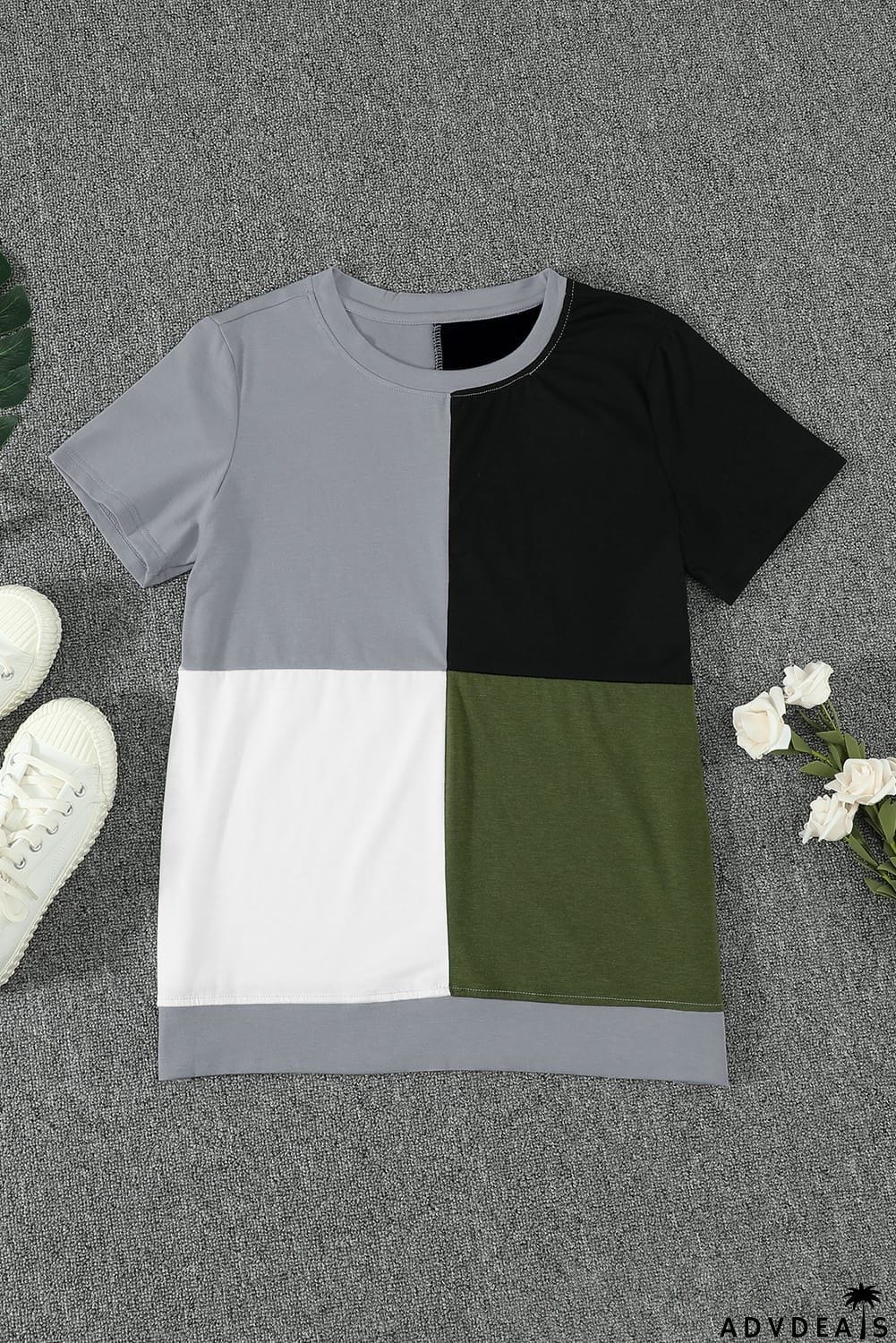 Women's Casual Army Green Colorblock Short Sleeve T-shirt with Slits