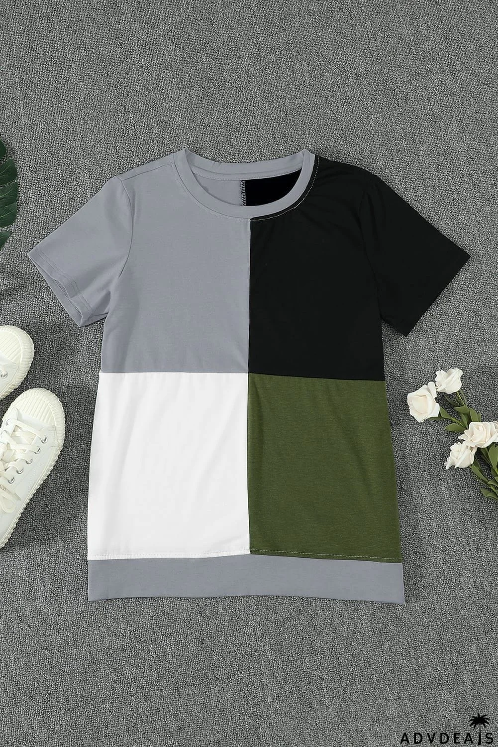 Women's Casual Army Green Colorblock Short Sleeve T-shirt with Slits