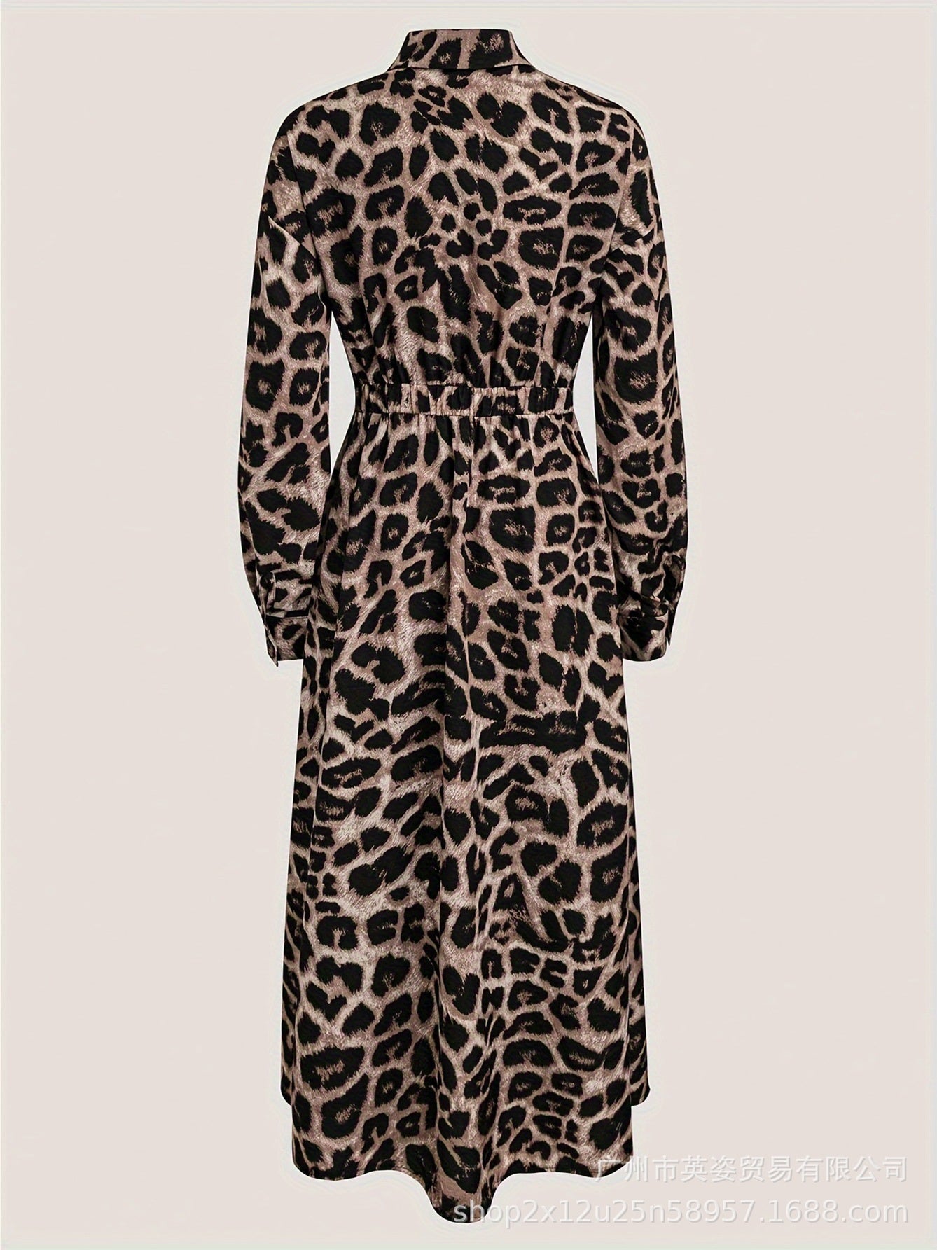 Women's Long Sleeve V-neck Leopard Printed Midi Dress