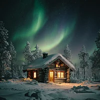Lapland Aurora over Snow Cabin - Diamond Painting