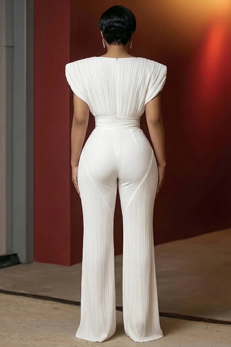 Deep V Neck Sleeveless Cinch Waist Slim Fit Casual Jumpsuit-White