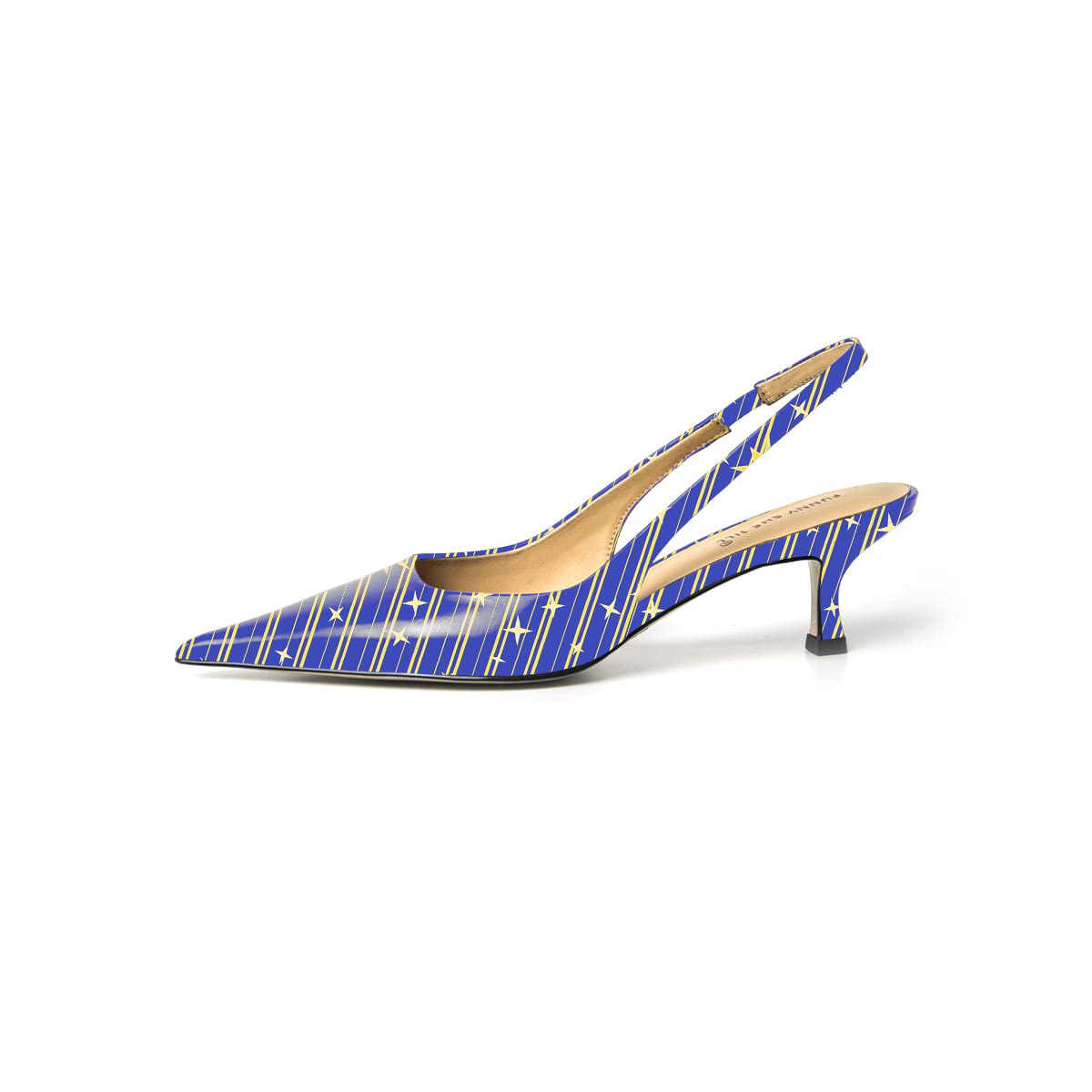 Blue Patent Leather Pointed Toe Kitten Heel Slingbacks with Stars Nicepairs