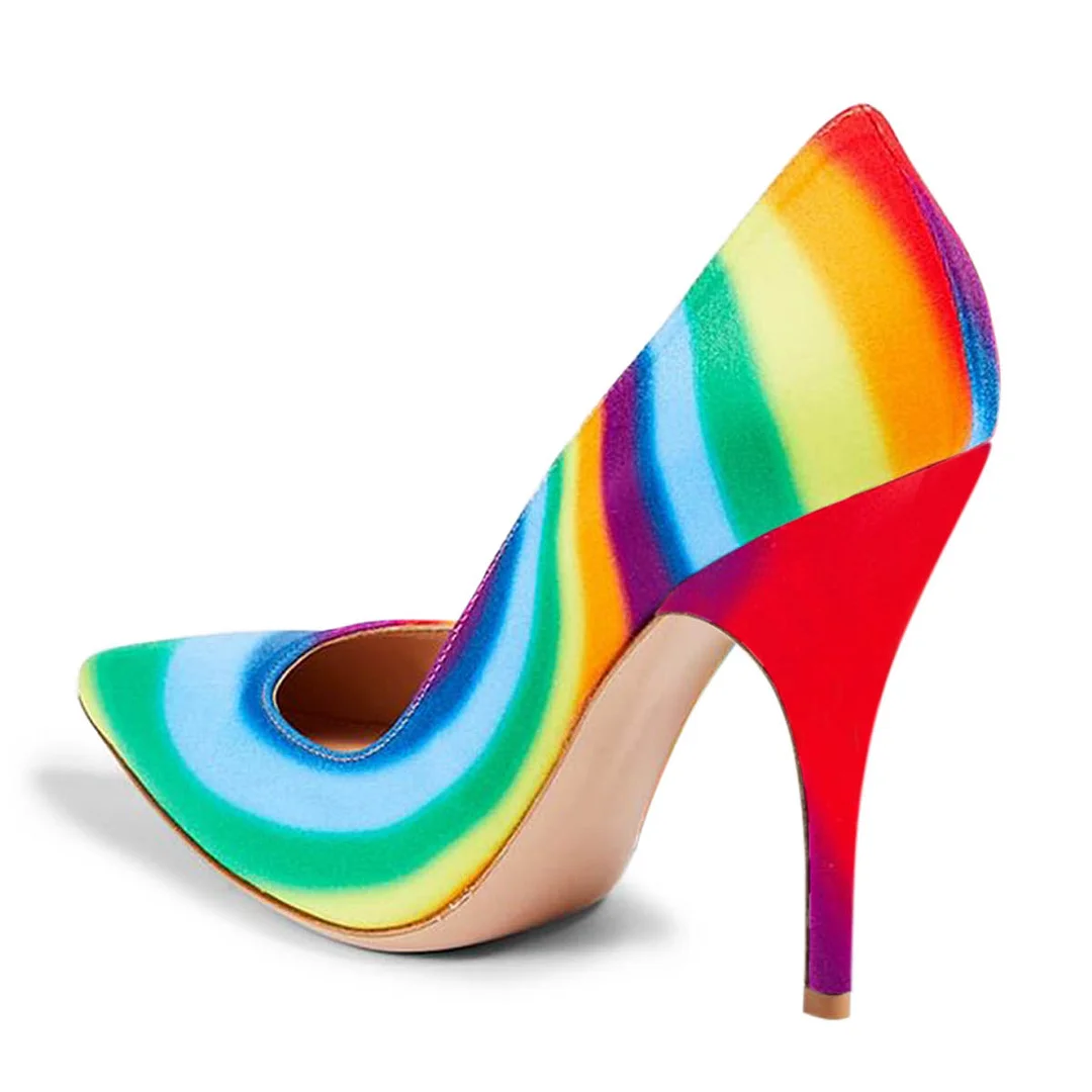 Rainbow Fabric Pointed Toe Slip-On Pumps Shoes with Stiletto Heels