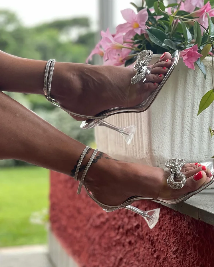 JXpxbao Double Butterfly Kristall Sandalen - Transparente Slingback Pumps Mit Quadratspitze