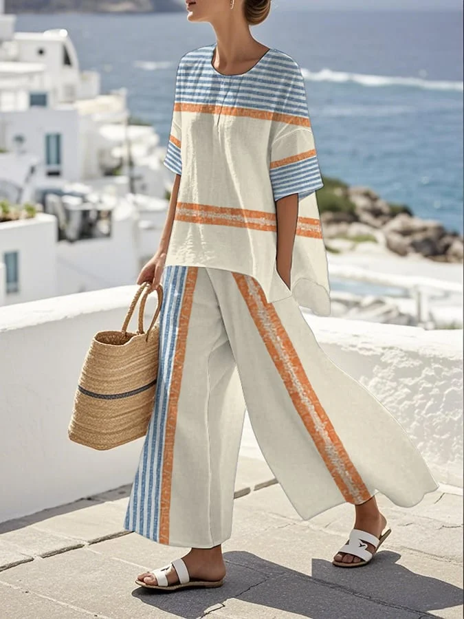 Women'S Loose Slit Contrast Striped Pants Set 