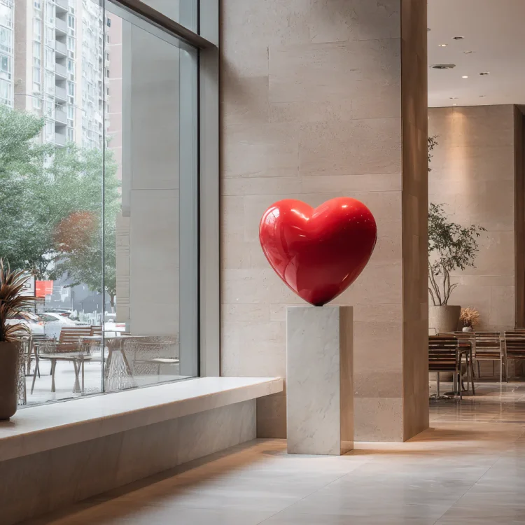 Love Heart Polished Red Stainless Steel Sculpture with Marble Base for Luxury Interiors & Modern