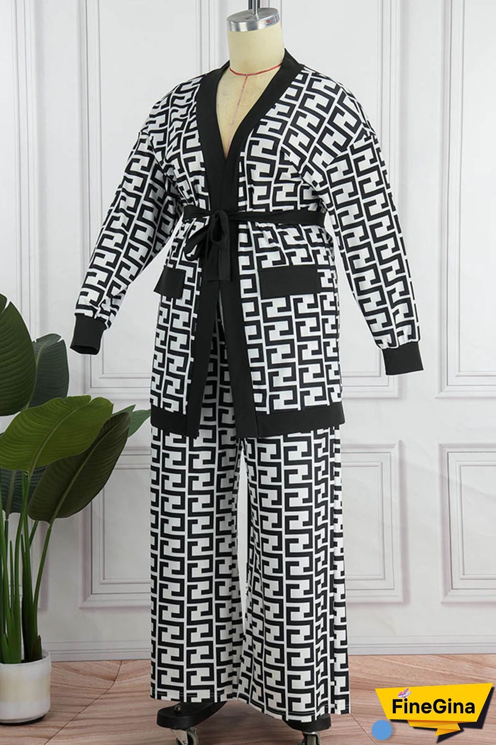 Black White Casual Print Bandage Patchwork Plus Size Two Pieces