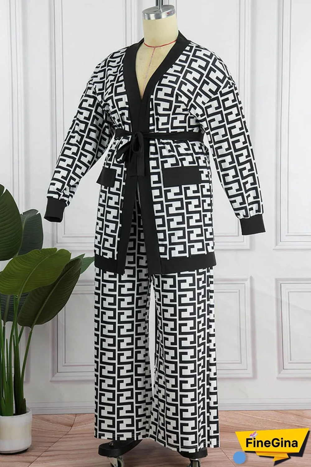 Black White Casual Print Bandage Patchwork Plus Size Two Pieces