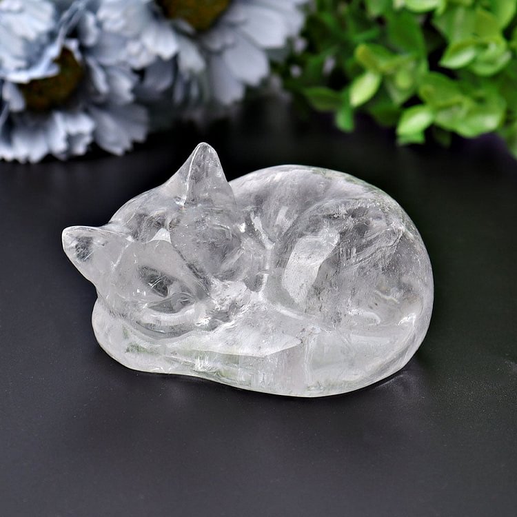 3" Clear Quartz Sleeping Cat Crystal Carvings