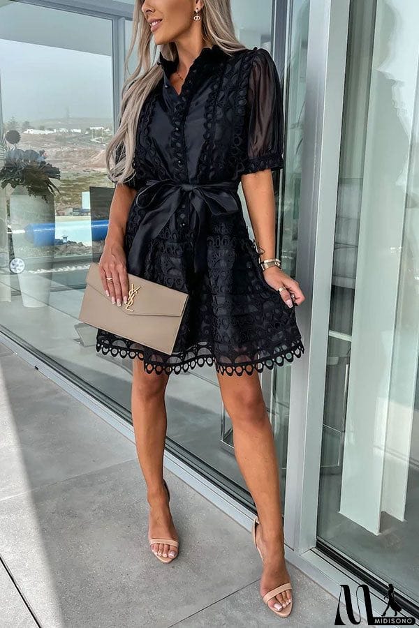 MidiSono - Crush on You Crochet Lace Bow Belt Mini Dress