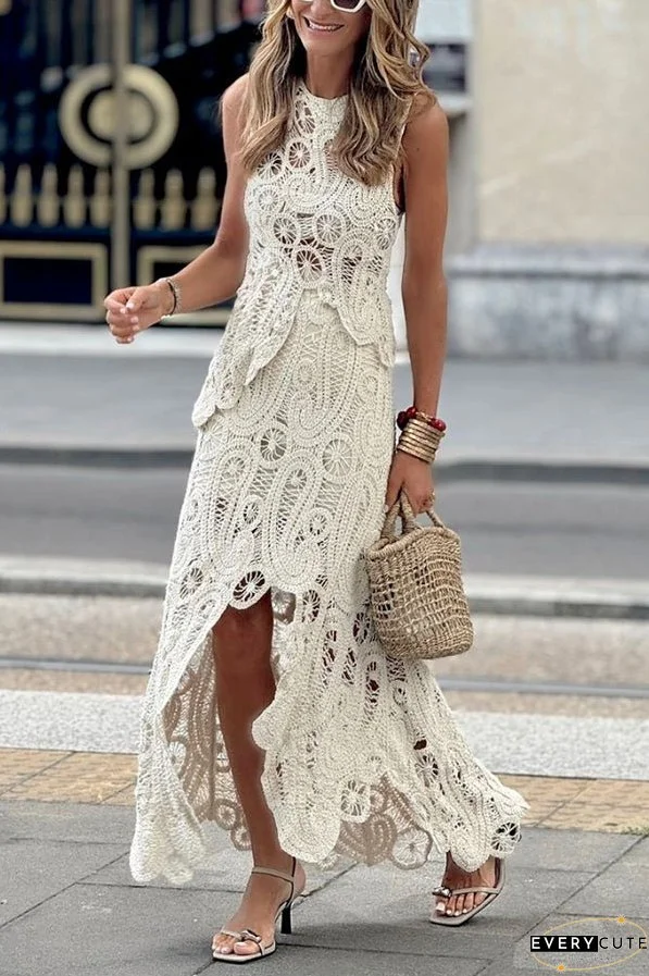 Summer Getaway Look Crochet Lace Elastic Waist Irregular Hem Maxi Skirt