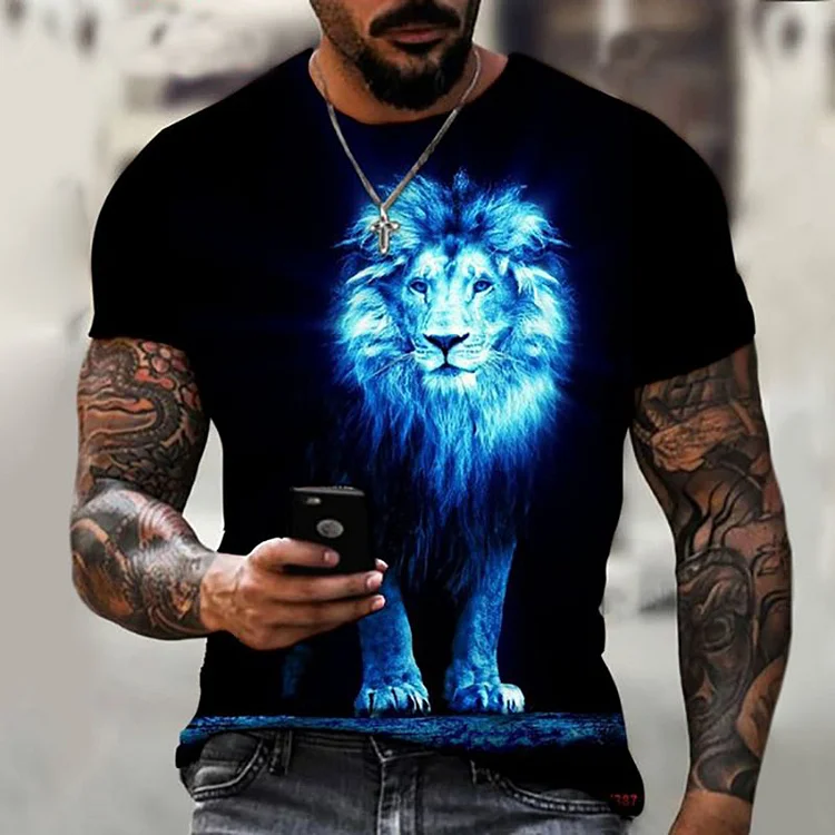 2023 Men's Hot Sale Fashion Casual black 3D Lion Printing Short Sleeve T-Shirt Tops