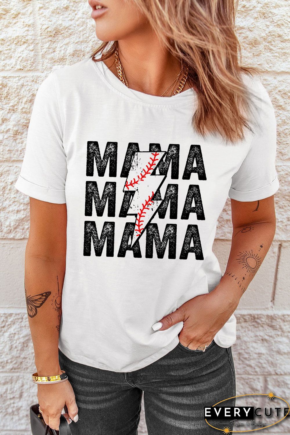 White MAMA & Lightening Graphic Round Neck Tee