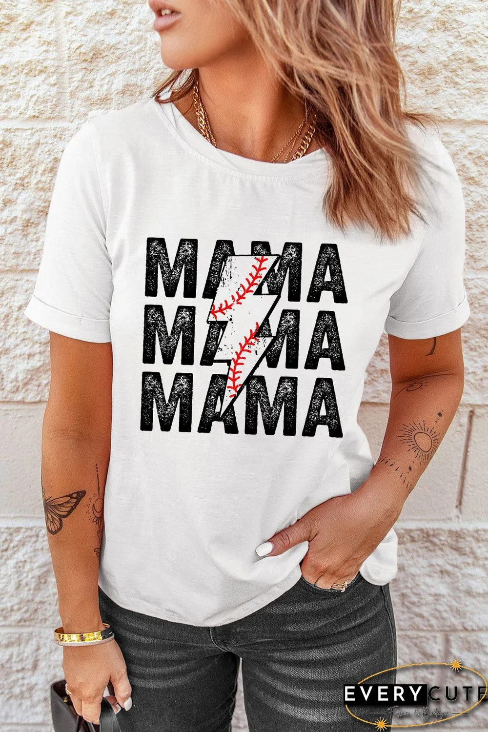 White MAMA & Lightening Graphic Round Neck Tee