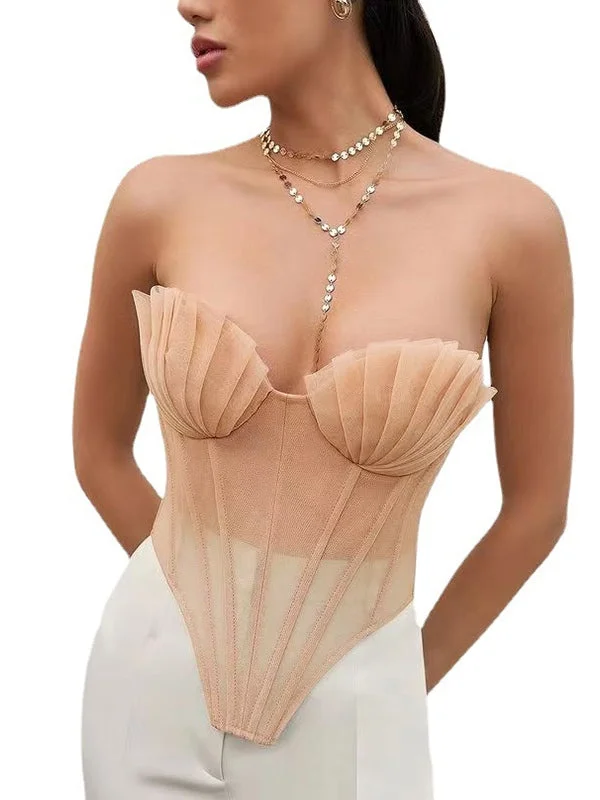 Brownm Sexy Pleated Shell Mesh Corset Top