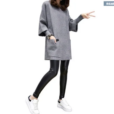 Uveng Uveng Autumn / Winter New Plus Size Women's Fat MM Loose Splicing Long Sleeve Coat Long Solid Color Top Round Collar Hoodie