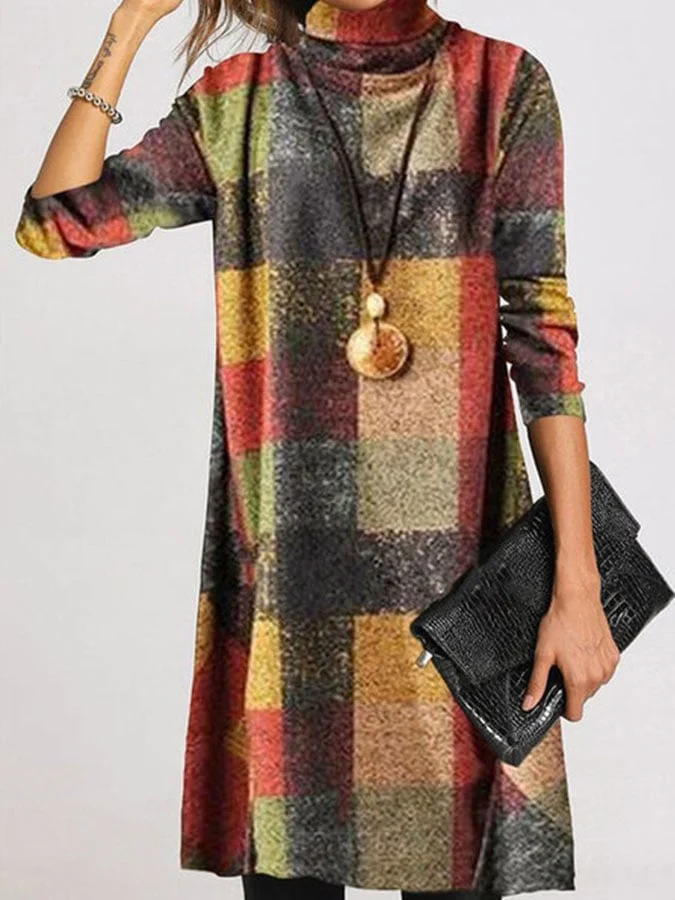 Vintage Turtleneck Long Sleeve Check Dress