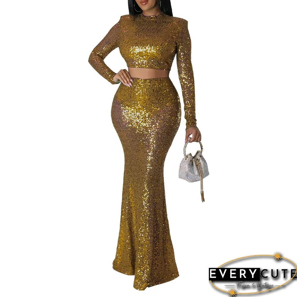 Gold Sequined Crop Top with Fishtail Skirt Set