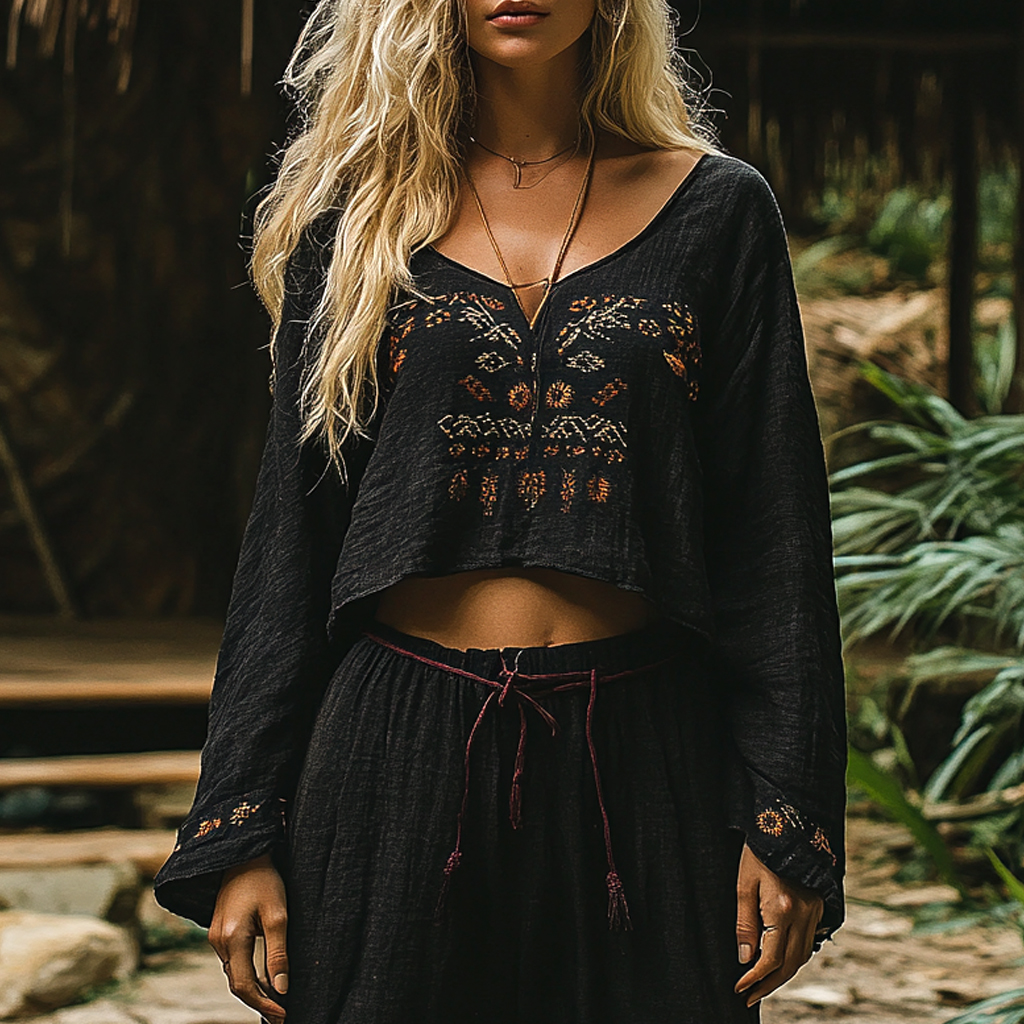 Women's Bohemian Vacation Retro Embroidered Printed Casual Long Sleeve Top
