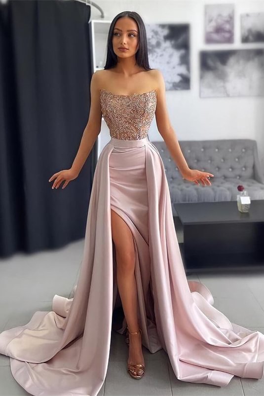 Simple Dark Pink Strapless Lace Appliques Slit Mermaid Prom Dress Ruffles | Ballbellas Ballbellas