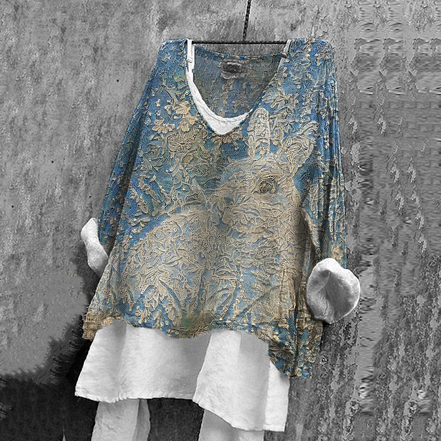 Comstylish Vintage Fantasy Lace Bunny Art Pattern Linen Blend Tunic