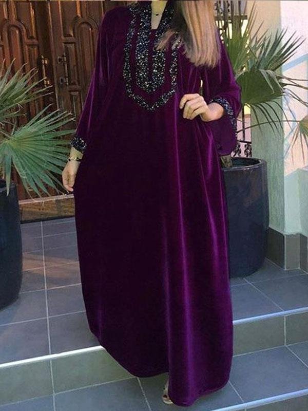 Shining loose women purple velvet kaftan dress فساتين