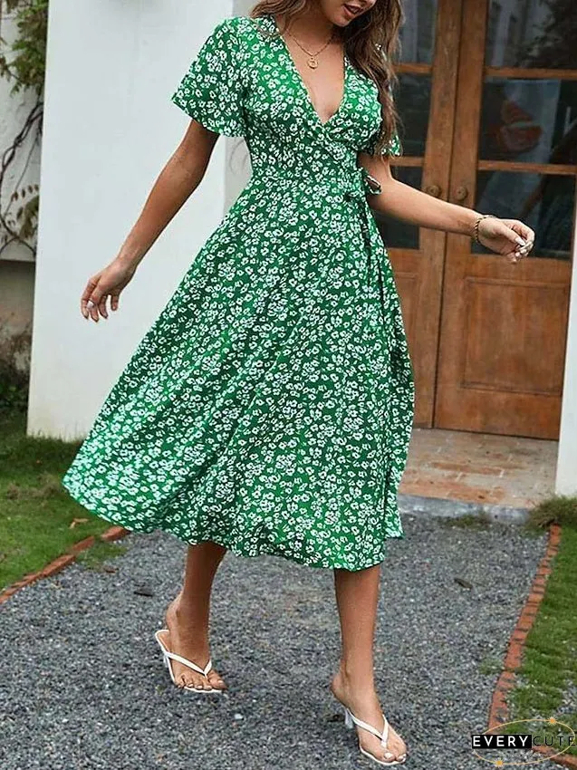 Casual Dress Wrap Line Floral Ditsy Lace Split Neck Midi Fashion Streetwear Outdoor Daily