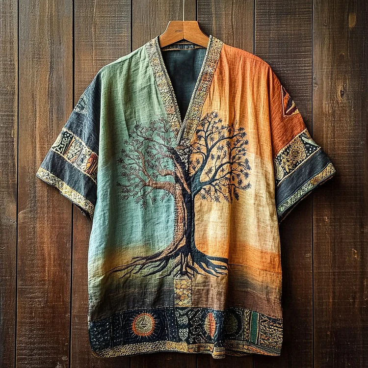 Simpfit Herren Tribal Ethnic Tree Of Life Patchwork Gradient Art T-Shirt
