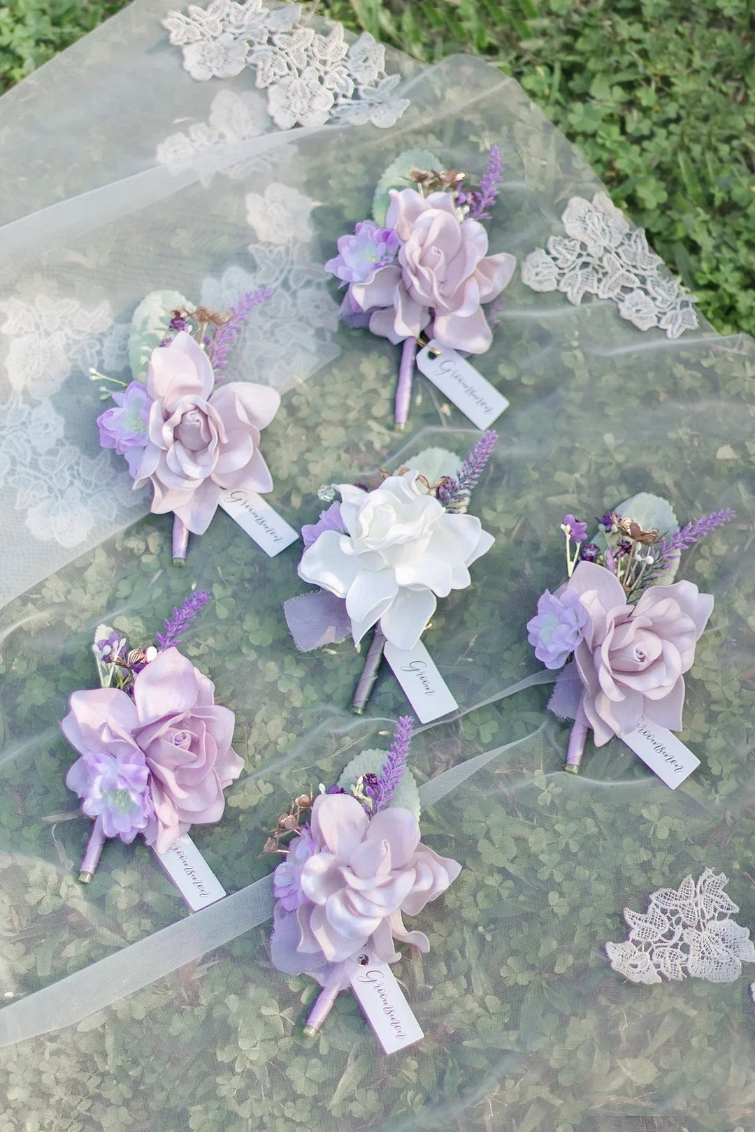 Boutonnieres in Lilac & Gold