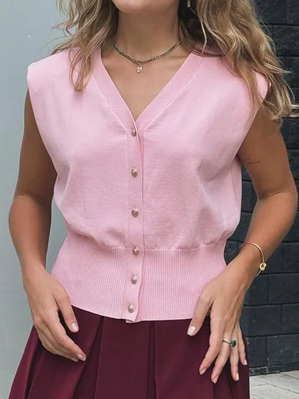 Solid Color Buttoned Sleeveless Loose V-Neck Vest Top