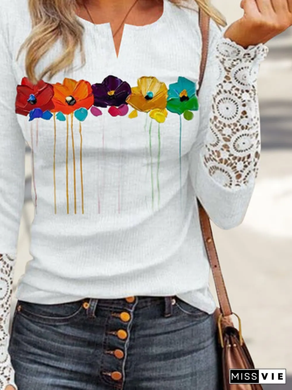Floral Print Long Sleeve Patchwork Lace Top