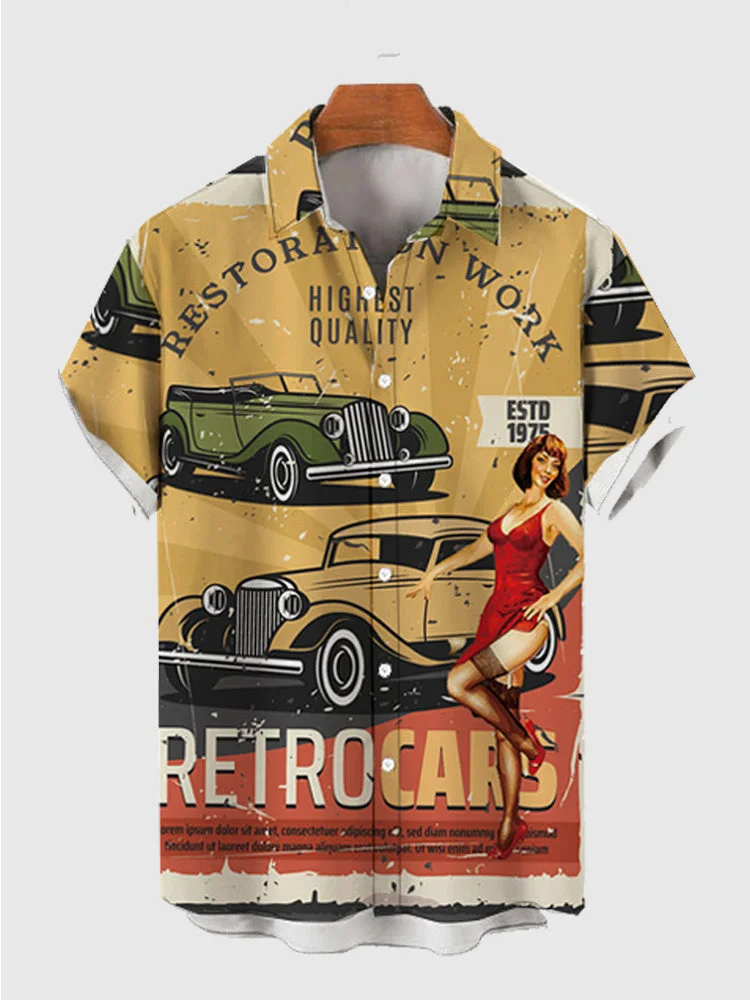 Full-Print Retro Cars Printing Movie Shirt Men's Short Sleeve Shirt