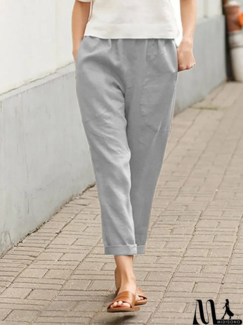 MidiSono - Women's Cotton Linen Solid Color Casual Pants