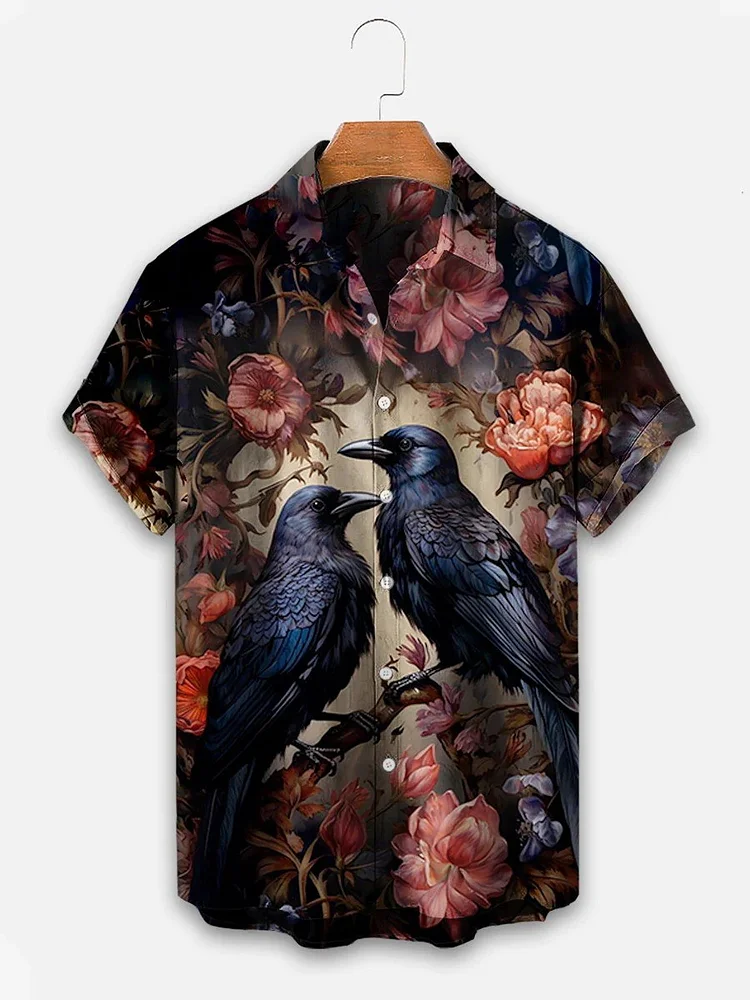 Men's Halloween Floral Raven Print Short Sleeve Aloha Shirt