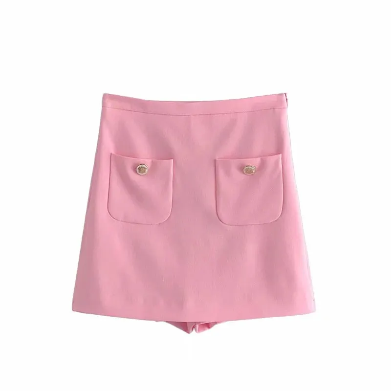 Women's Blazers Suit Pink Set Cropped Tops Female Sweet Short Sleeves Pockets Solid Jackets Summer Za Single-Breasted Outfit TRF
